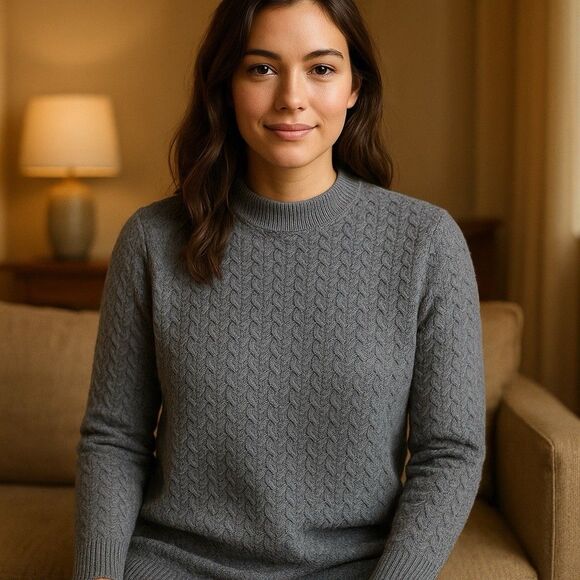 Lands End Sweater Turtle Neck Large 14/16 Long Sleeved Gray Basketweave - Picture 9 of 9